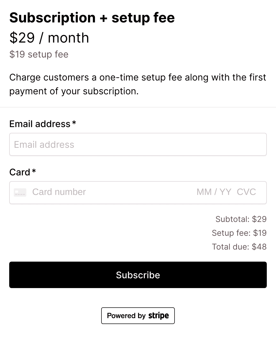 Subscription with setup fee checkout form