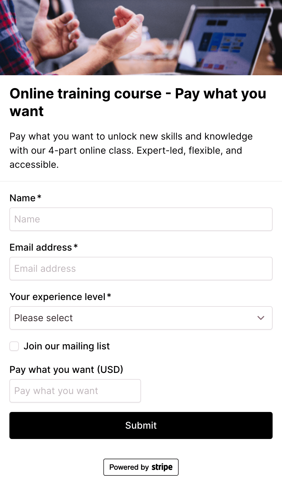 Online training course pay what you want checkout form