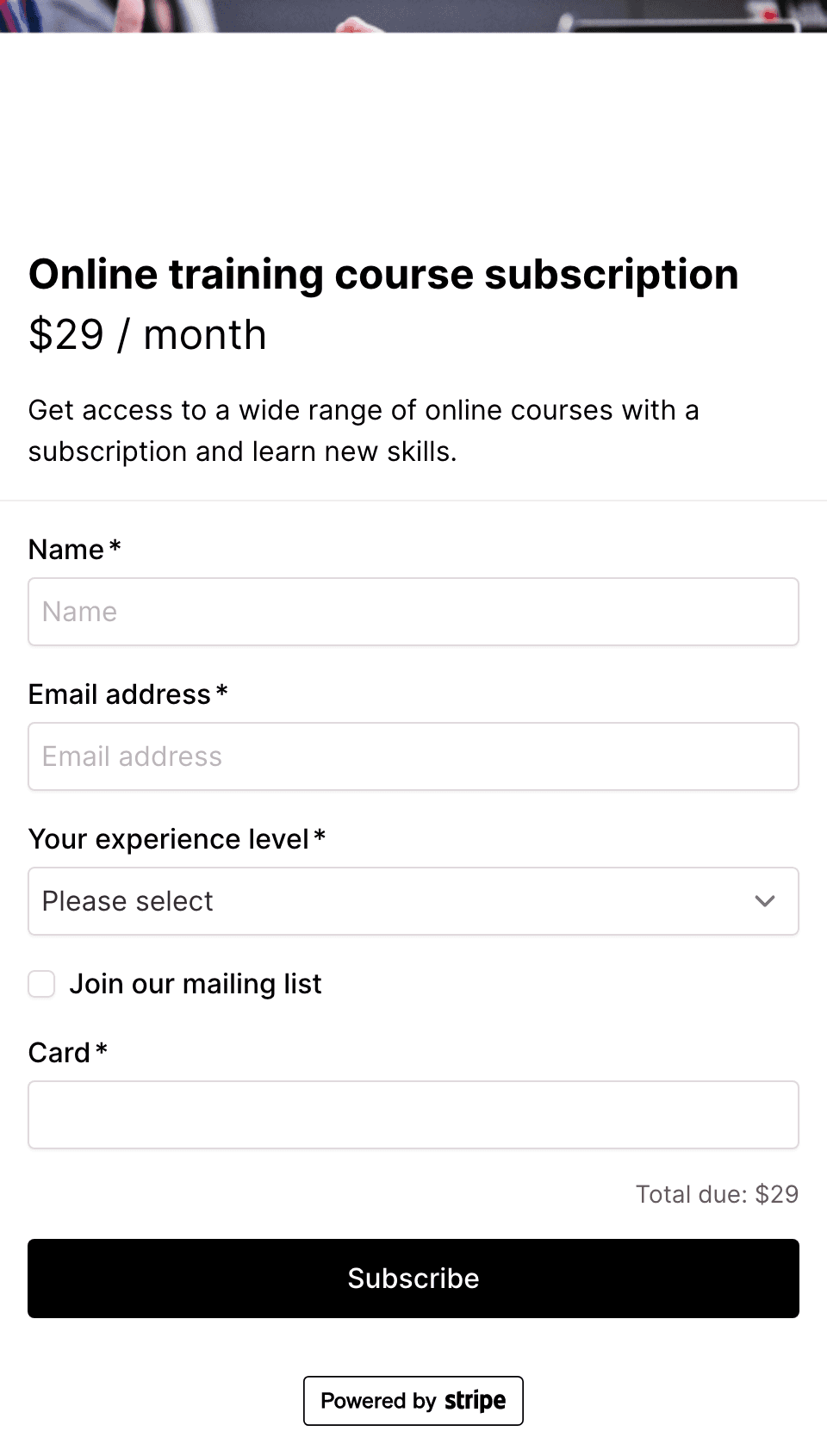 Online training course subscription checkout form