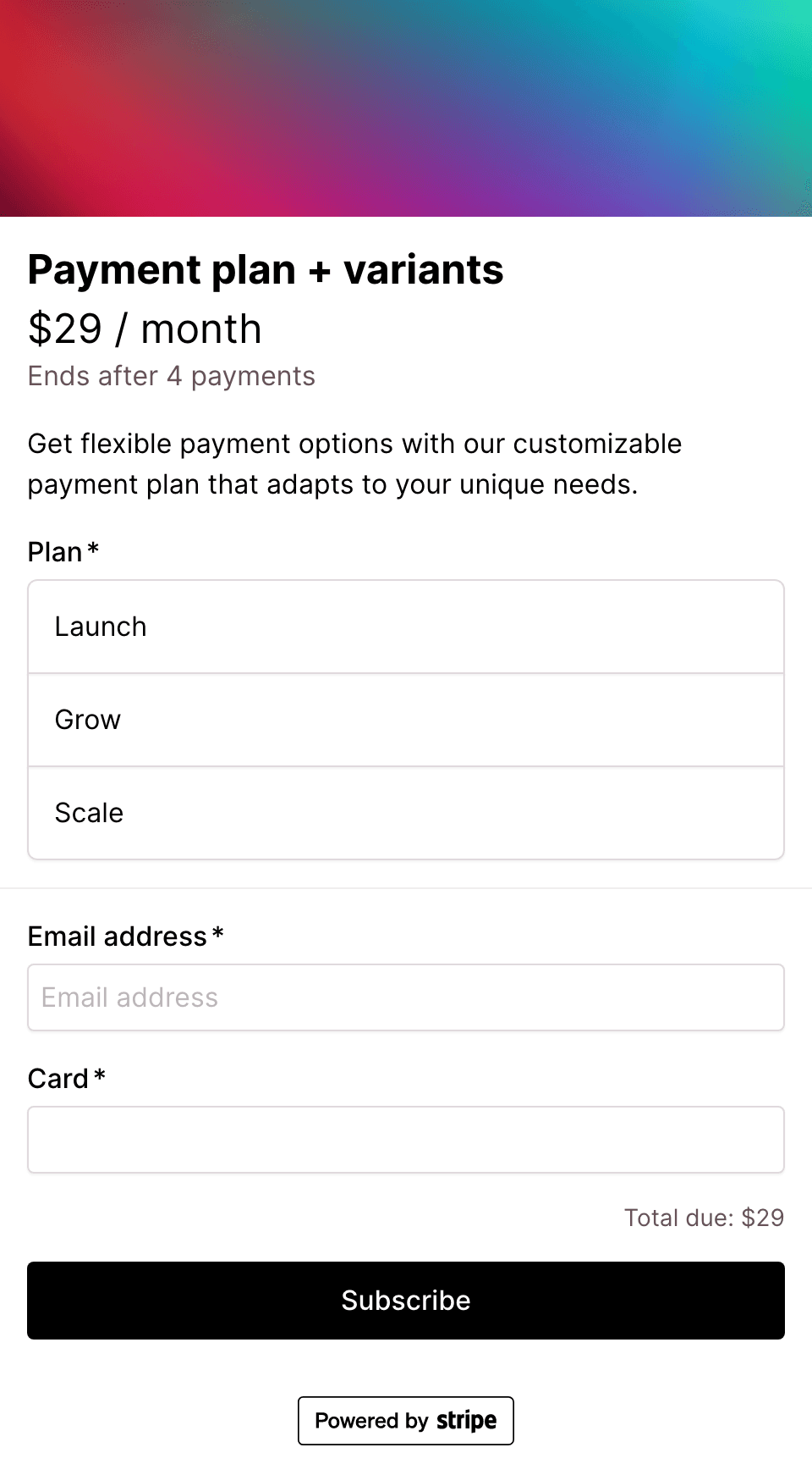 Payment plan with product variants checkout form