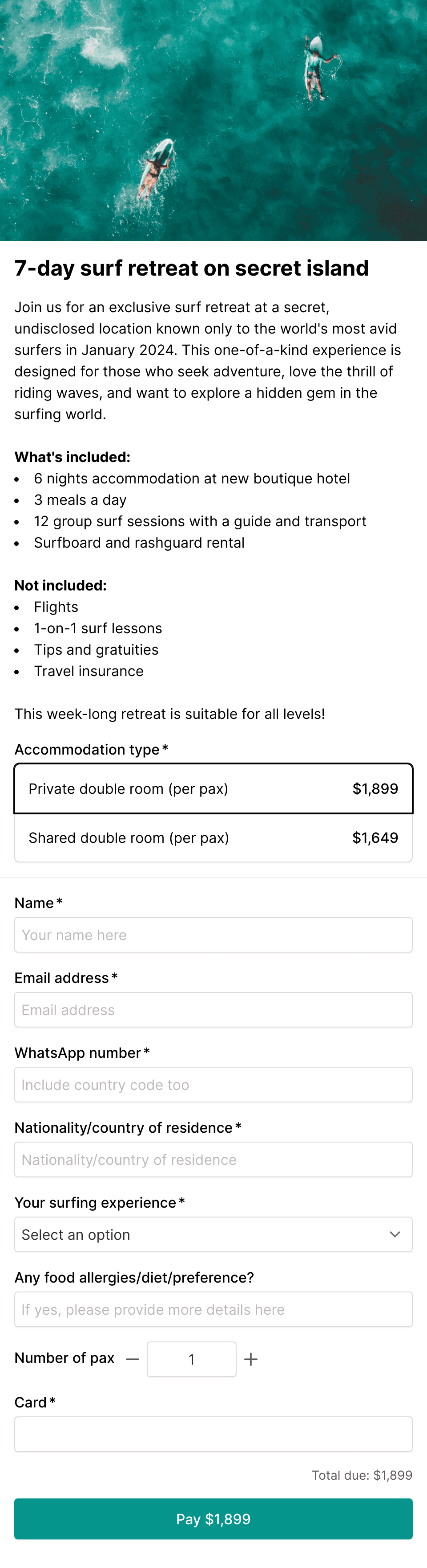 Retreat registration form with payment