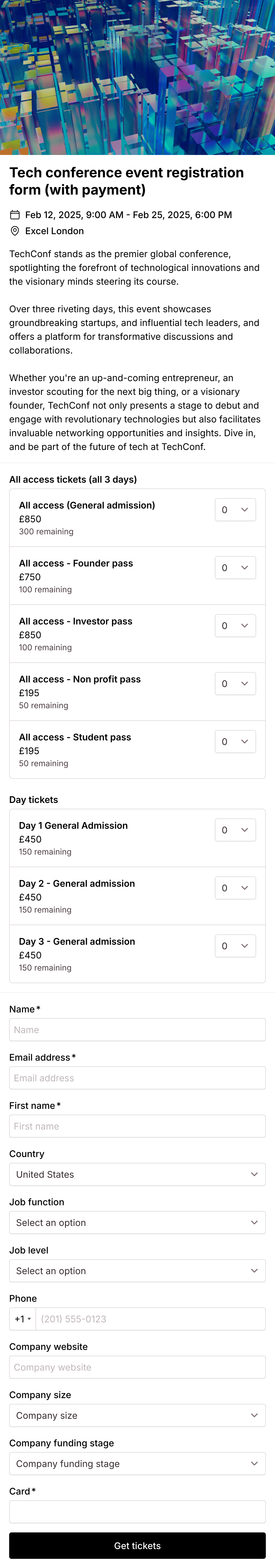 Tech conference registration form (with payment)