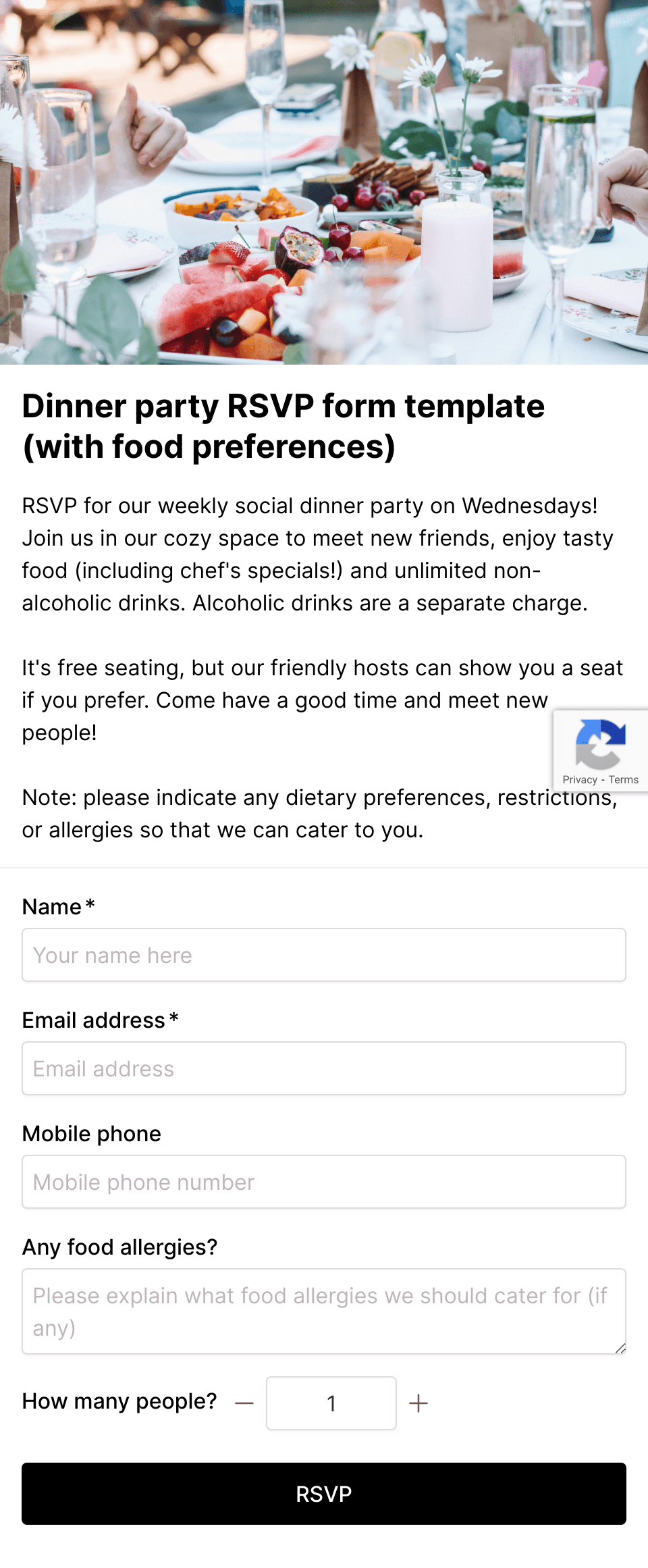 Dinner party RSVP form template
