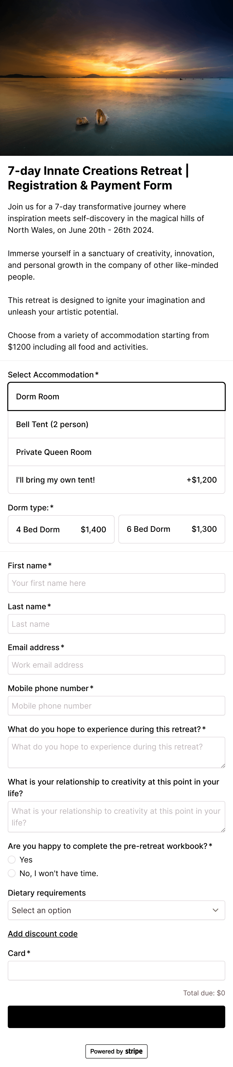 Wellness retreat registration and payment page